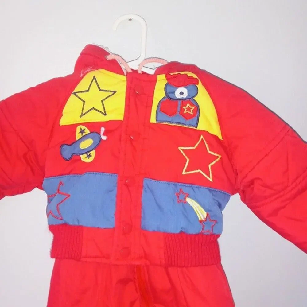 Vintage High Voltage Size 18 Mths Snowsuit-Full Zip-Colorblock-Embroidered-90s
